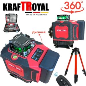 4D Лазерен Нивелир KRAFTROYAL – 360° Покритие, 16 Зелени Линии и Вграден Дисплей