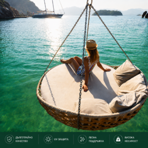 Градинско ратаново легло/люлка Cancun Ø160 см с възглавници и масичка