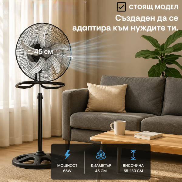 Вентилатор 3 в 1, 45 см – стоящ, настолен и стенен, 65W - Image 3
